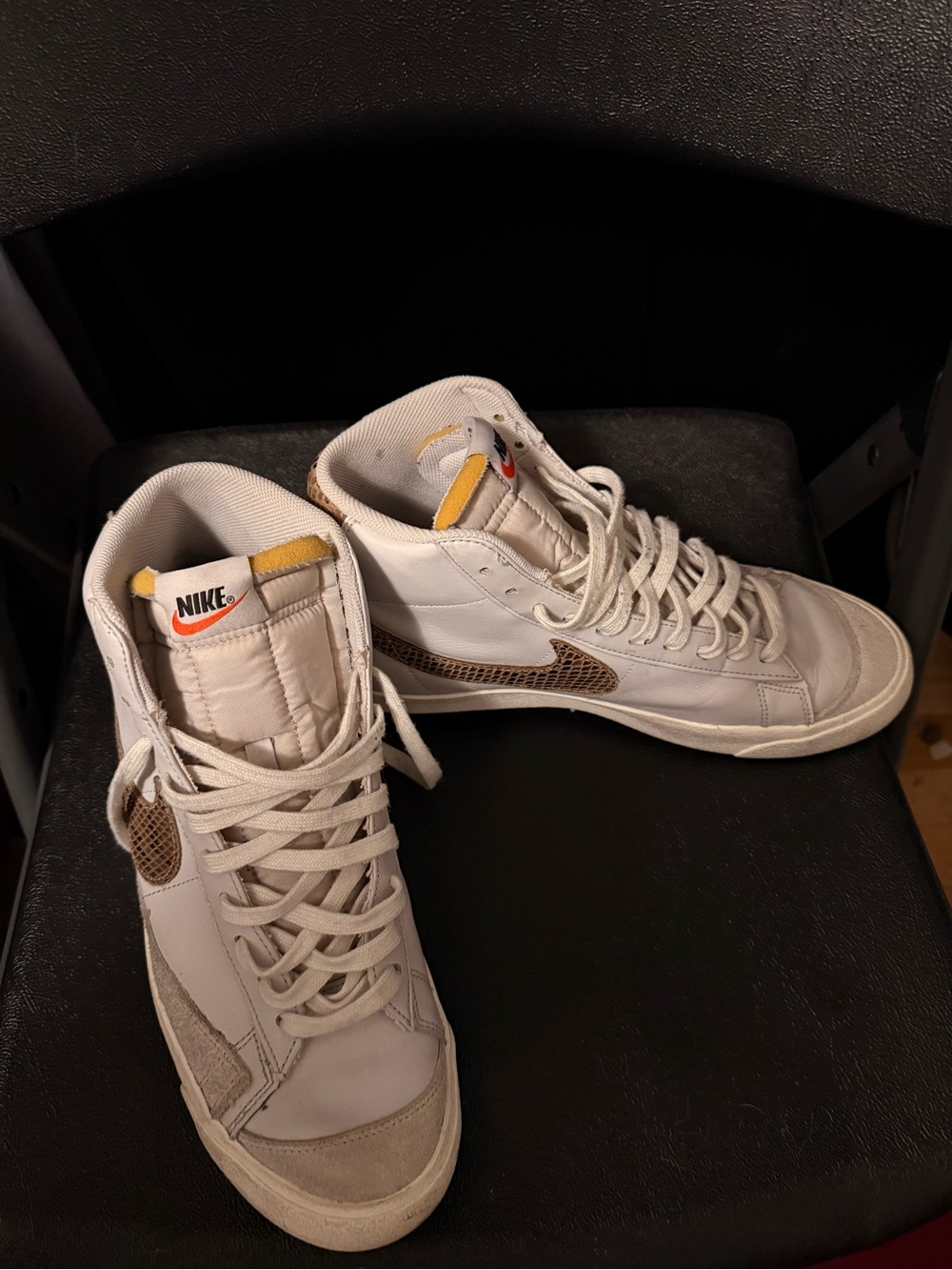 Nike Men’s White High-Top Sneakers with Snake Skin and Yellow Accents